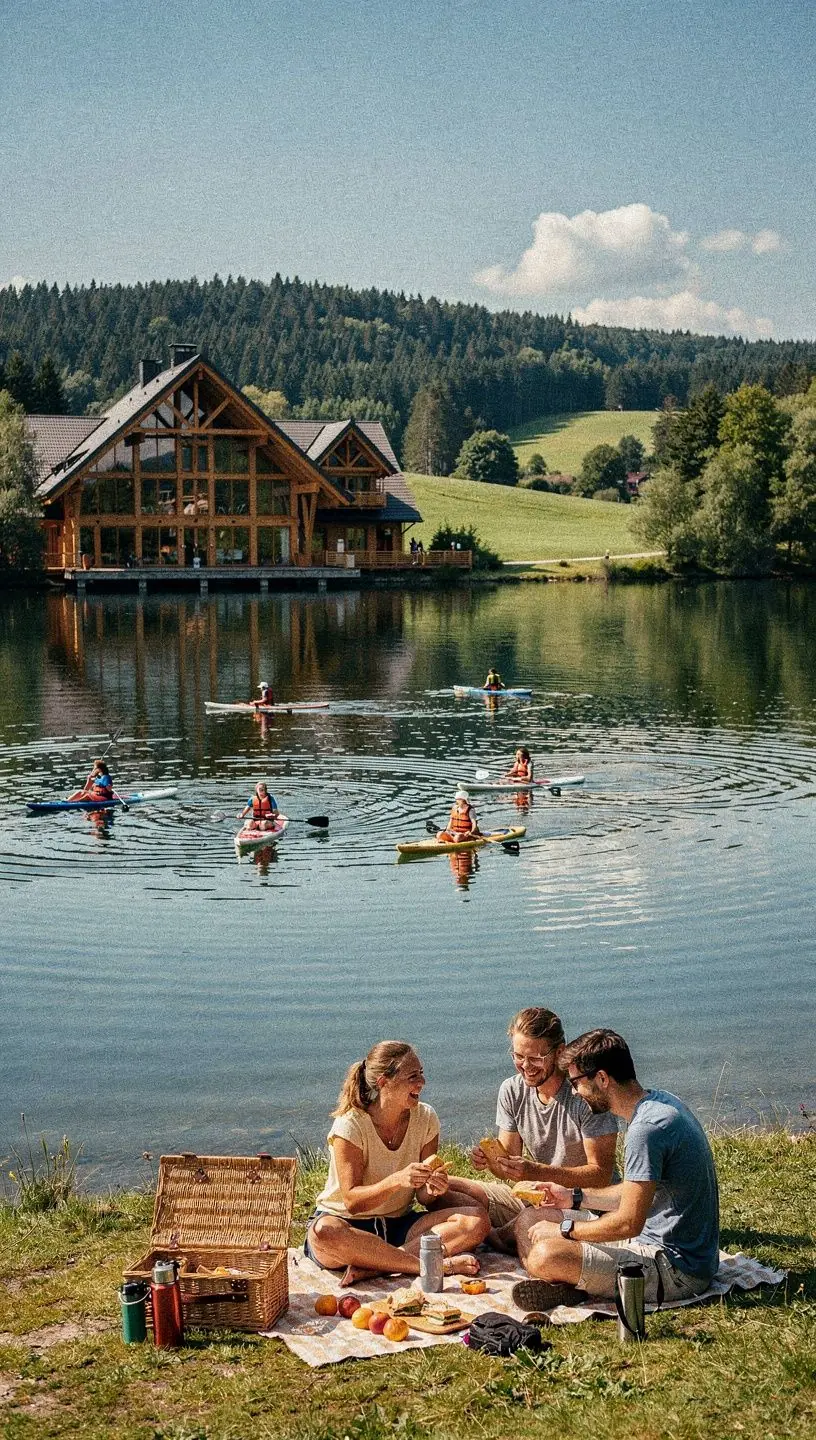 Wanderer erkunden einen schmalen Pfad durch dichte norddeutsche Wälder unter weitem Himmel